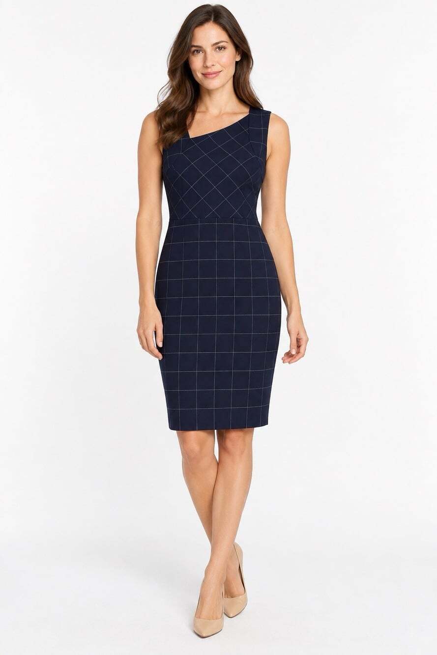 Banana Republic Dress 4 Navy Windowpane Plaid Sheath Stretch NWT